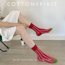 MHJS Autumn and Winter Socks Womens Ins Trendy Versatile Japanese Style Hyuna Style Vertical Striped Small Flower Fashion Designer Mid-Tube Socks