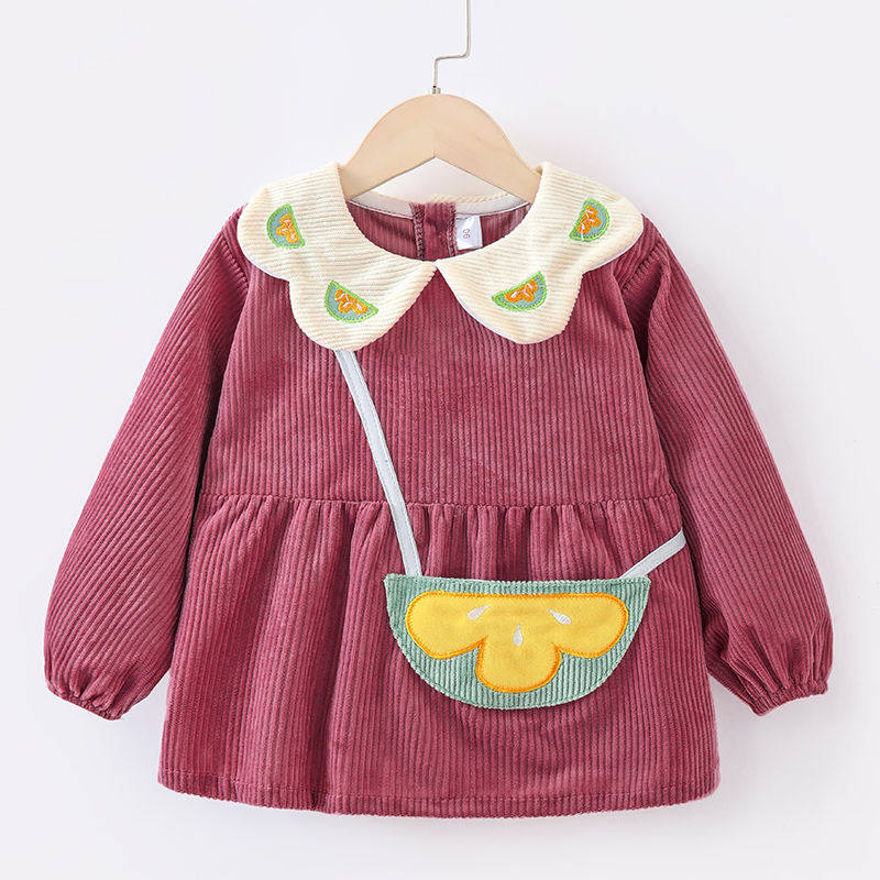 Children's bib corduroy autumn and winter button autumn and winter children's bib female waterproof baby eating bib pocket crystal velvet long
