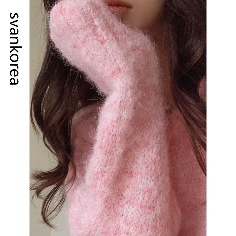 Sakura Pink V Neck Knitwear for Women, Autumn and Winter Outer Wear, Korean Style Loose and Lazy Style Mohair Soft and Waxy Knitwear