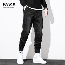 WIKE original autumn black mens denim trousers new casual Joker high stretch loose size tie pants