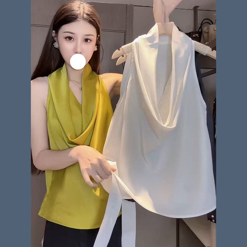 Designed Sleeveless Swung Collar Vest Shirt Women's Summer New Slim and High-End French Halter Satin Top Designed Sleeveless Swung Collar Vest Shirt Women's Summer New Slim and High-End French Halter Satin Top
