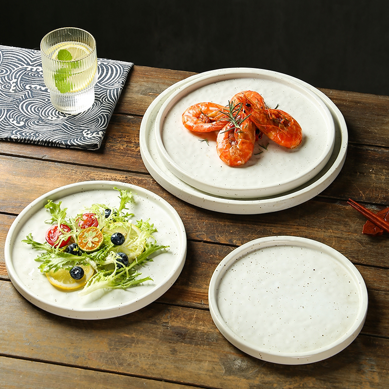 Japanese-Style Round Ceramic Plate with Creative Stone Pattern, Flat Plate, Tray, Pasta Plate, Specialty Restaurant Presentation, Restaurant Tableware