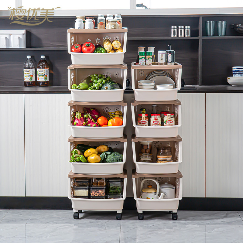 Kitchen rack floor-to-ceiling storage shelf fruit and vegetable storage basket vegetable basket storage trolley plastic multi-layer