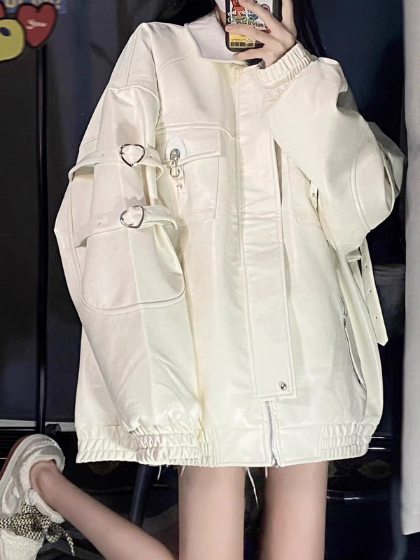White Baseball-Style Pu Leather Jacket for Women, Spring and Autumn, American Retro Design, Niche Couple's Motorcycle Jacket White Baseball-Style Pu Leather Jacket for Women, Spring and Autumn, American Retro Design, Niche Couple's Motorcycle Jacket