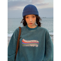 Old Mo classmate Sengge vintage vintage craft make old fried blue green fleece round neck sweater