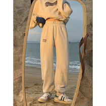 Old Mo classmates keep warm and warm high waist leg length thick Velvet White gray sports leisure leg trousers