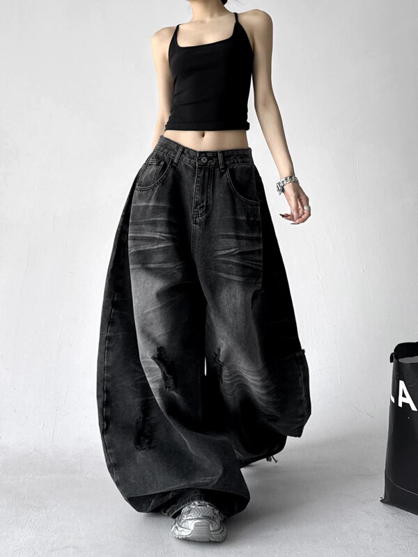 Slimming Ripped New Style American Cool Silhouette Black Jeans for Women, Loose Drapey Scimitar Wide-Leg Floor-Length Pants