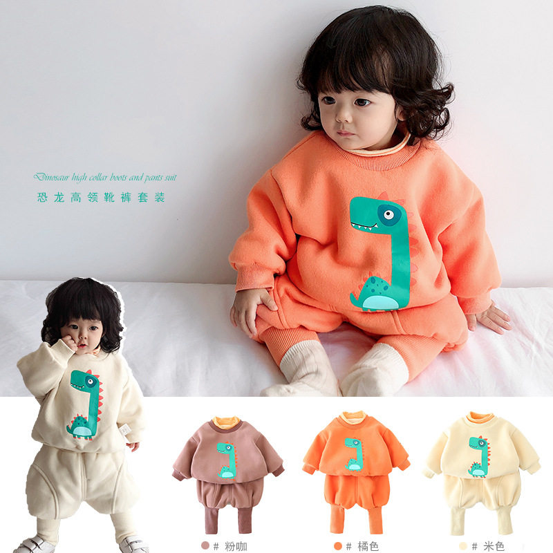 Baby Winter Clothing Baby Half High Collar Thickened Thick Cotton T Pants Suit Newborn Autumn Winter Plus Suede Clothes Male Girl Foreign Pie