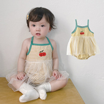Baby foreign jumpsuit summer newborn thin Harbin girl baby mesh plaid suspender bag fart climbing suit