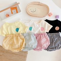 Baby summer thin suit cute male and female baby smiley face short sleeve T-shirt plaid shorts two-piece set butt pants