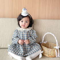 Baby girl vintage style haji group korean baby doll collar plaid onesuit first year old climbing princess 100-day banquet