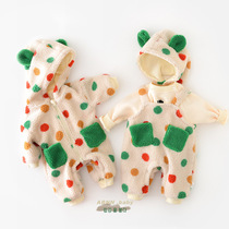 Baby winter suit pile thick jumpsuit for men and women baby polka dot hooded suspenders newborn thermal jumpsuit