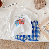 Baby suit 0-3 years old summer wear thin baby cartoon short sleeve T-shirt plaid shorts casual two-piece set half sleeves