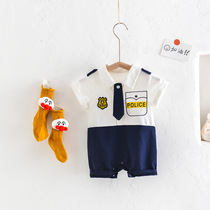 Baby navy jumpsuit summer suit boy baby lapel panel design bag fart coat newborn crawler suit hai