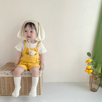 Baby one-piece super cute summer suit short sleeve strap fake two thin baby cute hat clothes newborn climbing suit