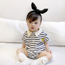 Baby college style jumpsuit newborn summer crawler baby cute striped hat short sleeve bag fart thin style