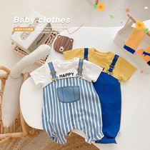 Baby summer one-piece thin fake two-piece hello coat baby short-sleeved shirt newborn outing crawling suit breathable
