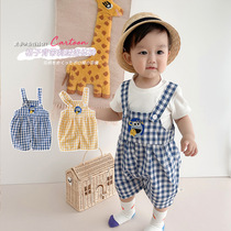 0-3 years old 1 baby plaid suspenders boy summer thin Korean childrens jumpsuit girls foreign pants trend