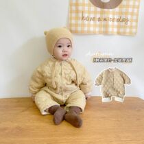 Korean version ins baby winter clothes quilted embroidered cotton jumpsuit boy baby fleece Har clothes newborn warm climbing suit tide