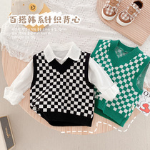 Baby V-neck sweater vest spring and autumn style baby cute checkerboard vest inside childrens plaid sweater