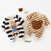 Baby autumn and winter clothing Korean version striped plush one-piece foreign style baby bag fleece fleece thickened warm climbing clothing trend