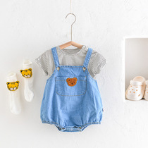 Baby strap jumpsuit suit for men and women baby striped short sleeve T-shirt bear denim suspenders set is foreign