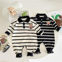 Baby 0-2 years old one-piece spring and autumn suit baby long sleeves bear stripe crawling suit newborn outing clothing