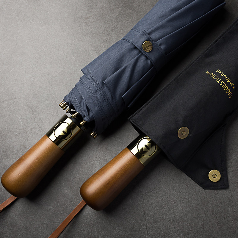 Opinion design retro ten-bone wooden handle enlarged double anti-storm umbrella three-fold automatic business folding umbrella for men and women