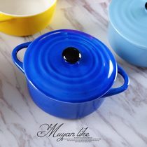 Japanese ceramic baking bowl with double ear-powder dessert soup bowl oven steamed egg dish dish suite