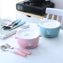 Korean creative cartoon ceramic student bubble bowl with cute large size convenient noodle bowl double earrice soup bowl
