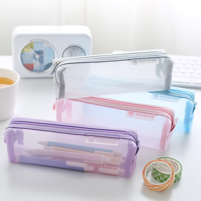 Transparent Network pen bag stationery bag test students with grid pen bag female pencil bag female junior middle school pupil bag Korean minimal middle school students little fresh student supplies