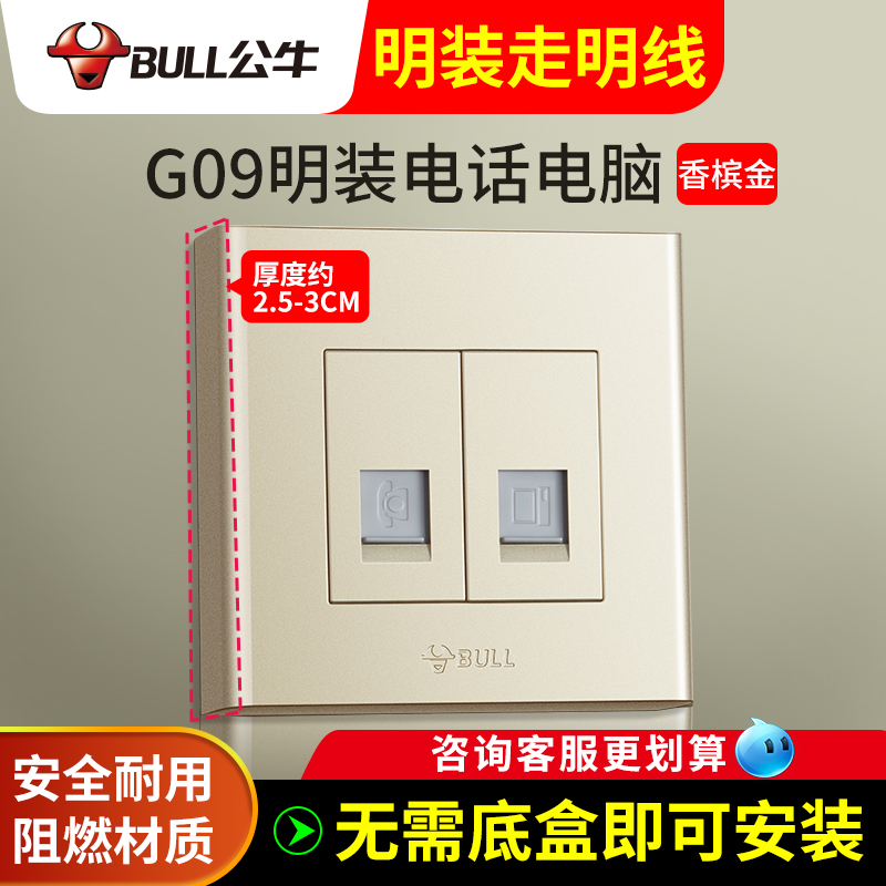 Bull Socket Telephone Plus Computer Internet Double Mouth Information Weak Electric Panel Clear Fit Bright Box Ultra Slim Champagne Gold