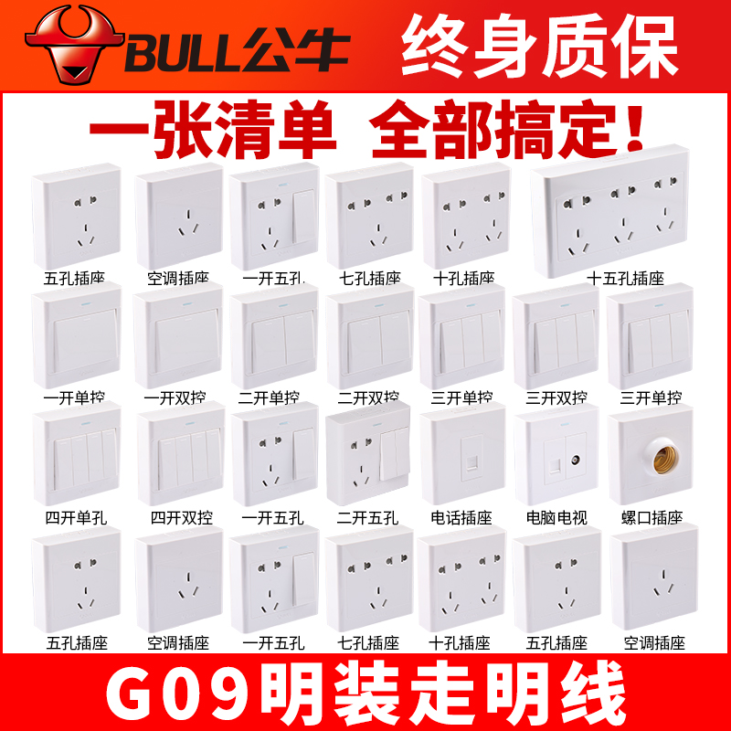 Bull open socket white one-open five-hole porous wall wall with open wire box household switch panel ultra-thin