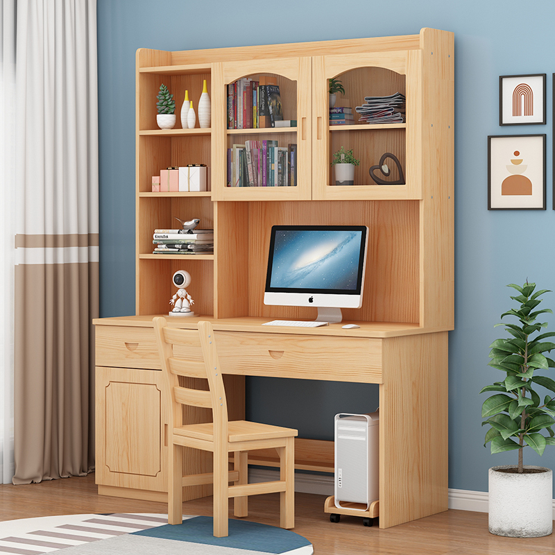 Solid Wood Desk Bookshelf Integrated Bookcase Combination Home Bedroom Children's Student Computer Desktop Study Table Writing Desk