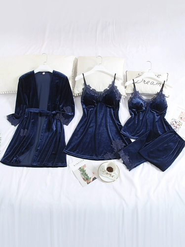 Комплект, демисезонная сексуальная пижама, бархатный топ с чашечками, осенний банный халат, 4 предмета, 3 предмета