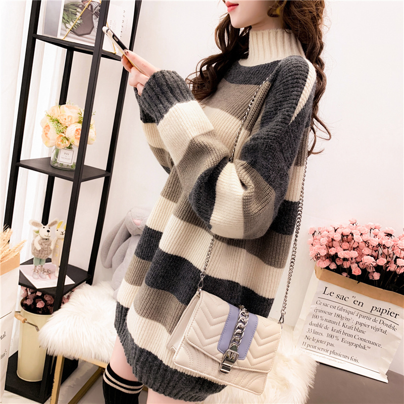 Mid-Length Sweater for Women, Half Turtleneck, 2025 Autumn and Winter New Style, Loose Fit, Casual Style Sweater Dress, Fleece-Lined and Thickened