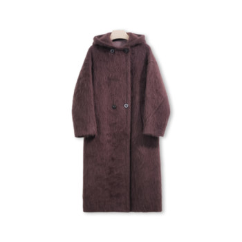 Cashmere fur-look brushed hooded long coat