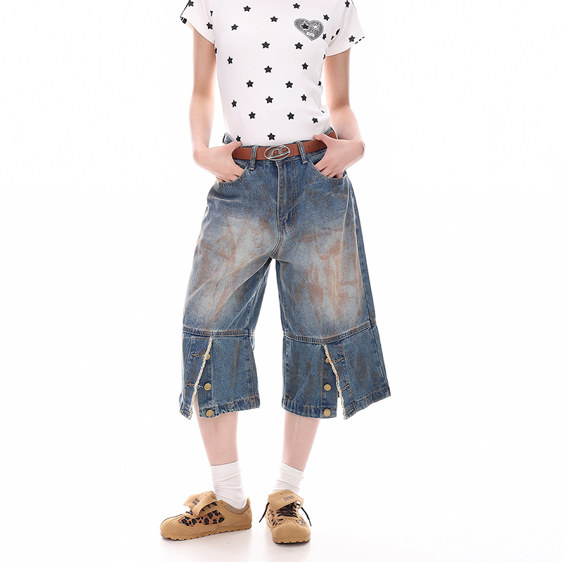 Boeax Trendy American Retro Distressed Cropped Denim Pants for Women, Versatile Straight-Leg Pants, Oversized for Summer