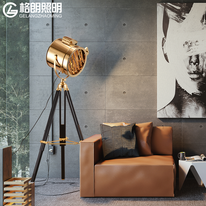 Nordic Industrial Style Floor Lamp Tripod Searchlight Floor Lamp Living Room Personalized Creative Golden Floor Lamp