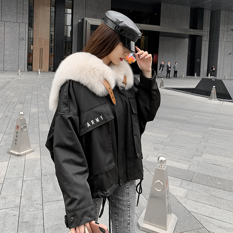 2022 New Fox Fur Women's Overcoat with Removable Rex Rabbit Fur Liner Navy Collar Tooling Coat Jacket
