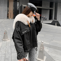 2022 New Fox Fur Womens Overcoat with Removable Rex Rabbit Fur Liner Navy Collar Tooling Coat Jacket