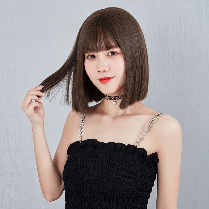 Wig female short hair bobo head net red air bangs round face collarbone hair realistic natural bob head full head cover