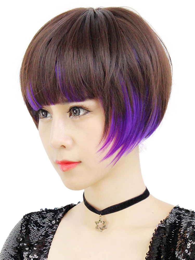 Wig short straight hair girl gradient highlight dye fashion BOBO head fluffy realistic wig set round face inner buckle curly hair