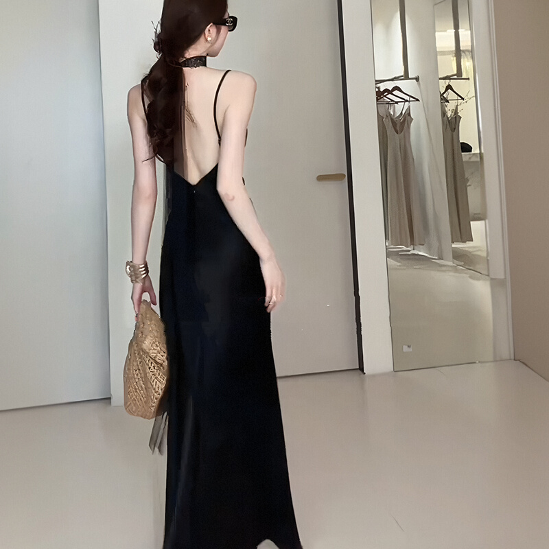 Sexy Black Backless Satin Suspender Dress for Women, Spring and Summer New Style, French High-End Slimming Dress, Long Skirt