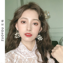 S925 silver needle net red with the same Korean super fairy quality long pearl tassel earrings women exaggerated stud earrings R908