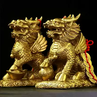 Copper unicorn ornaments a pair of gossip unicorn Zhaocai living room entrance office table feng shui decoration