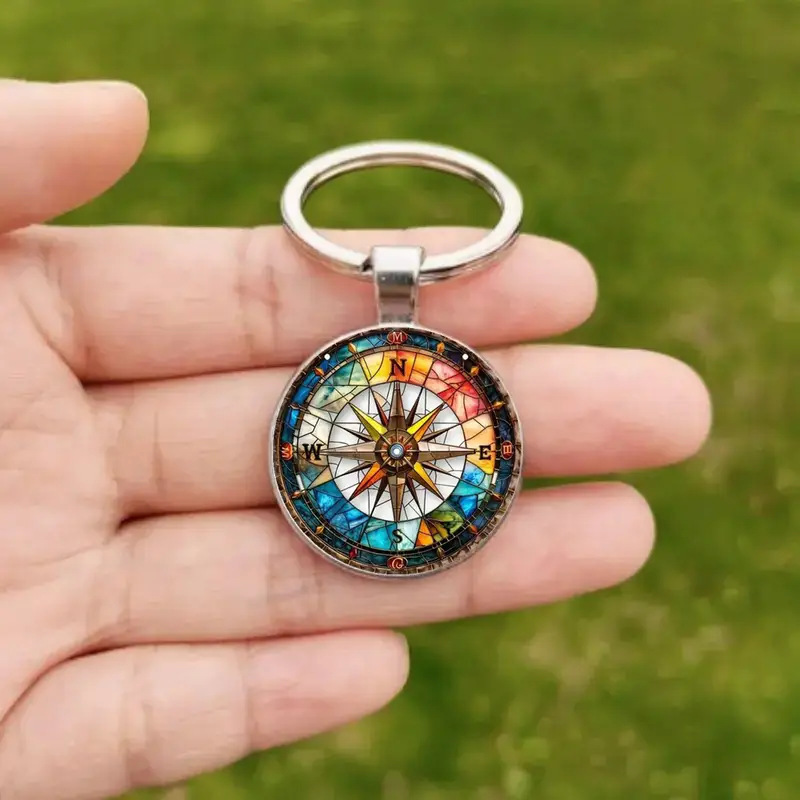 Nautical Theme Sun Catcher Keychain Round 2D Flat Sailboat Stained Glass Compass Keychain Pendant