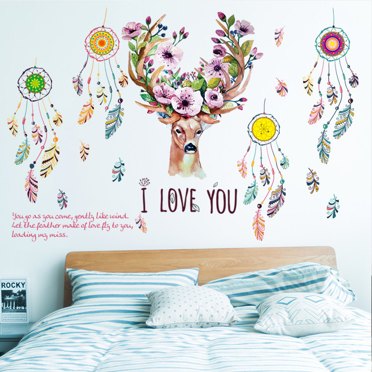 Girly style INS Mori deer series bedroom bedside creative painting decoration living room stickers sofa wall stickers