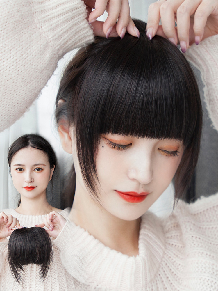 Thick bangs wig Female real human hair head curtain Fake bangs natural forehead hair replacement Real hair Qi Bangs wig pieces