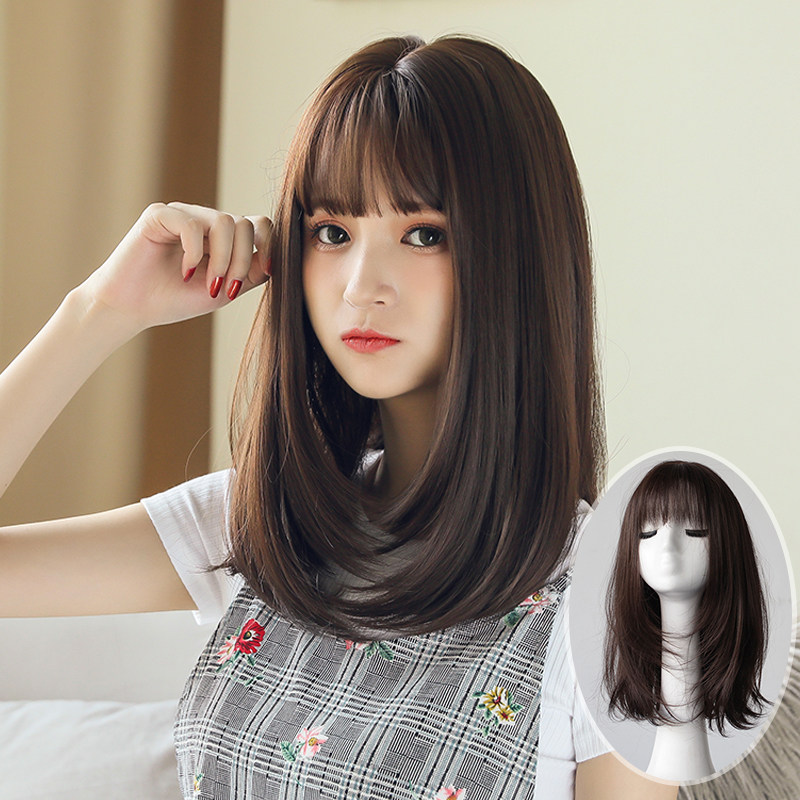 Wig set women's middle long hair Inner buckle shoulder-length collarbone hair round face pear blossom natural fluffy net red wig full head cover